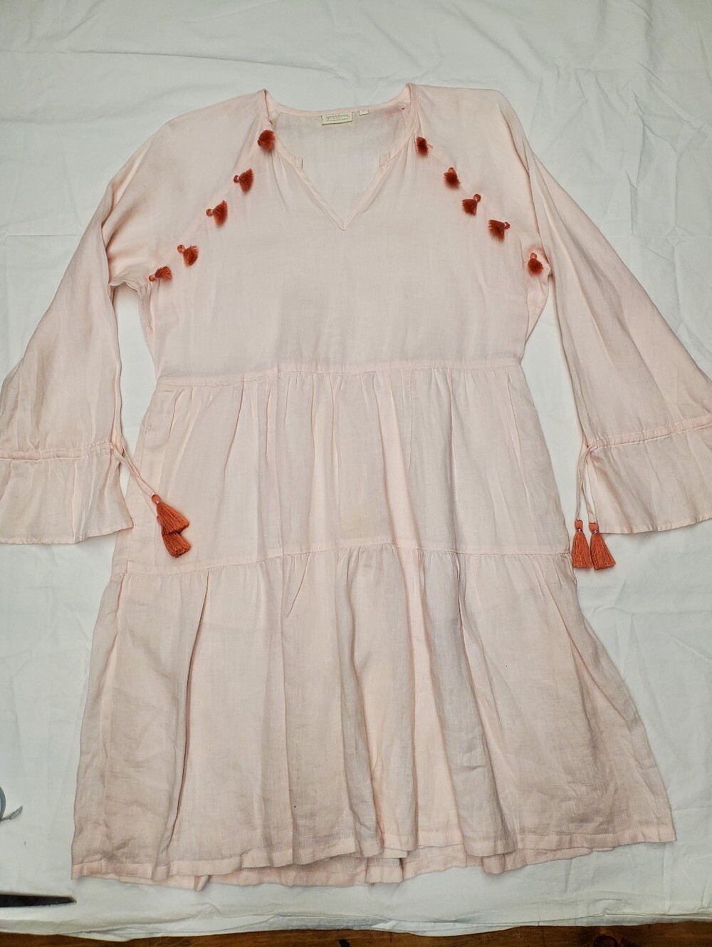 Spartina 449 Pink Linen Tiered Tunic Dress Orange Tassel Bell Sleeve Coastal M